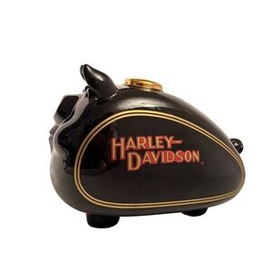 VTG Harley Davidson Piggy Bank Black Ceramic Motorcycle Gas Tank Style Coin Bank